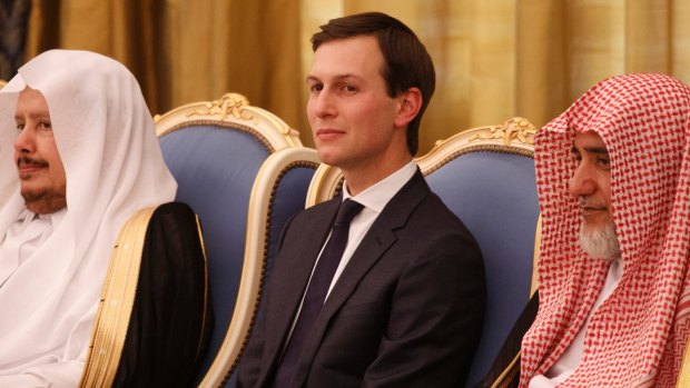 Jared Kushner watches as Donald Trump is presented with The Collar of Abdulaziz Al Saud Medal, at the Royal Court Palace, in Riyadh. 
