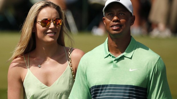 Lindsey Vonn and Tiger Woods, during a practice round at this year's US Masters.