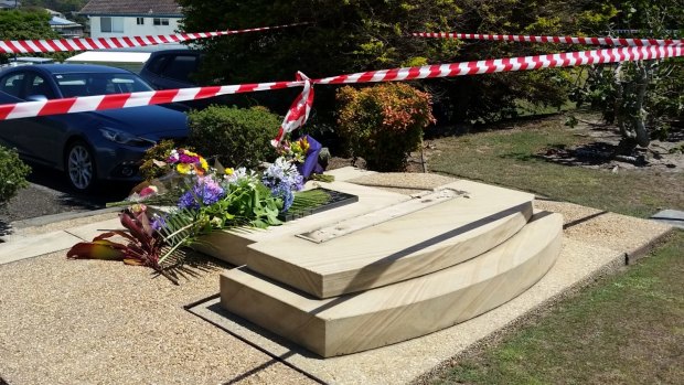 The war memorial slab that fell on the three-year-old girl, killing her.
