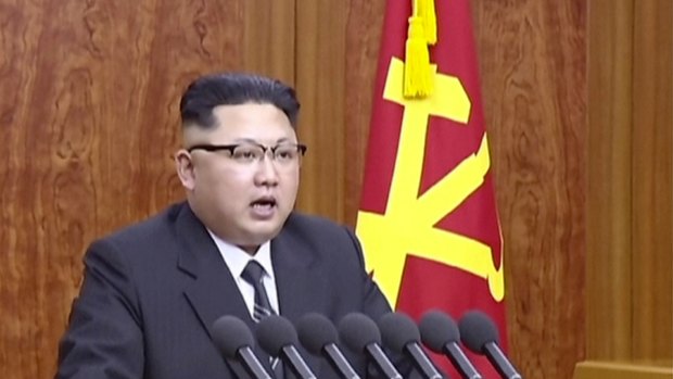North Korean broadcaster KRT distributed a video on January 1 of North Korean leader Kim Jong-un's New Year speech in Pyongyang.