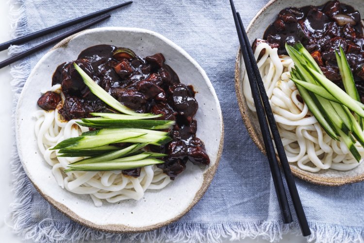 Udon noodles in black bean sauce.