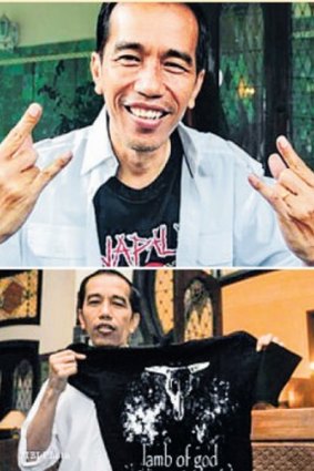 Joko Widodo with Napalm Death and Lamb of God T-shirts.