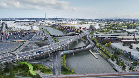 The proposed West Gate Tunnel as it crosses the Maribyrnong River. 