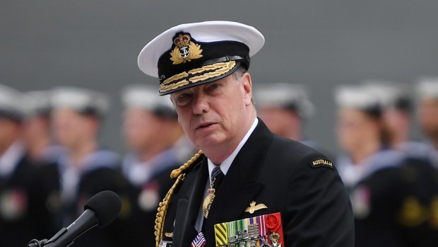 Australian Chief of Navy, Vice Admiral Tim Barrett, speaks during the commissioning ceremony of HMAS Hobart.