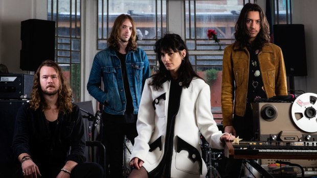 The Preatures: Thomas Champion (left), Luke Davison, Isabella Manfredi and Jack Moffitt at their studio, Hibernian House in Surry Hills. 