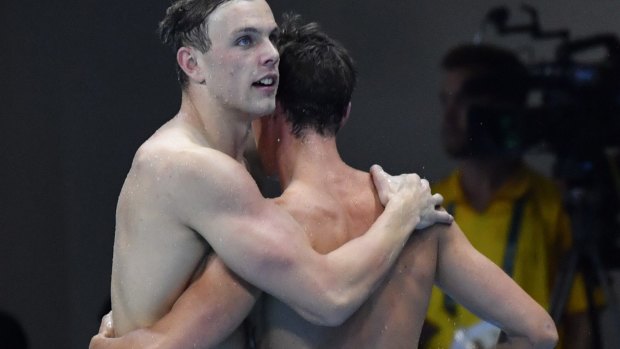 Kyle Chalmers with Cameron McEvoy after winning gold in the men's 100-metre freestyle final . 