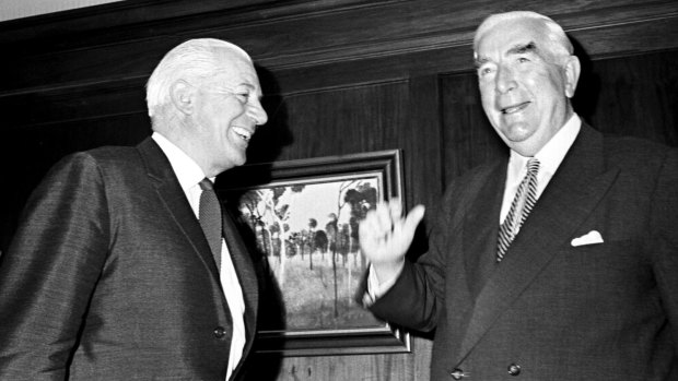 Prime Minister Robert Menzies meeting with his successor Harold Holt at Parliament House in Canberra on 20 January 1966.