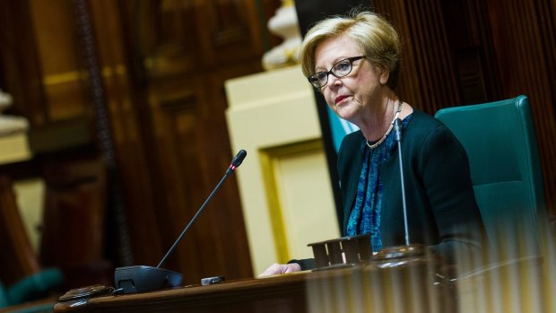 President of the Australian Human Rights Commission, Gillian Triggs, reads from  George Orwell's 1984 at Parliament House as part of the Melbourne Festival.