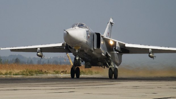 A Russian Su-24 takes off in Syria in October. Turkey said at the weekend a Russian warplane, a Su-34, had again violated its airspace. 