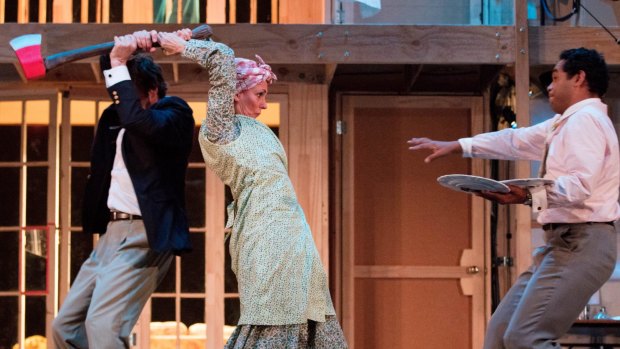  Hugh Parker (left), Louise Siversen and Ray Chong Nee deliver scenes of frenetic chaos in <i>Noises Off</I>.