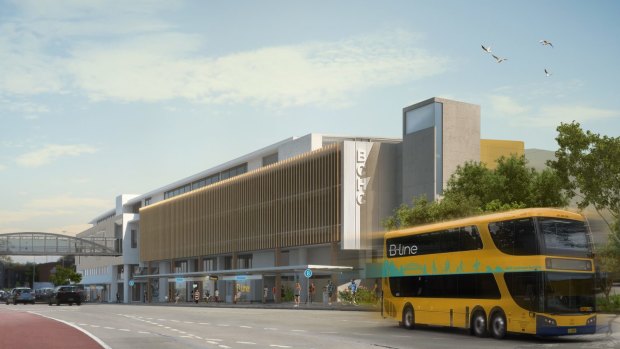 An artist's impression shows a new B-Line style bus driving past a new stop at Brookvale. 