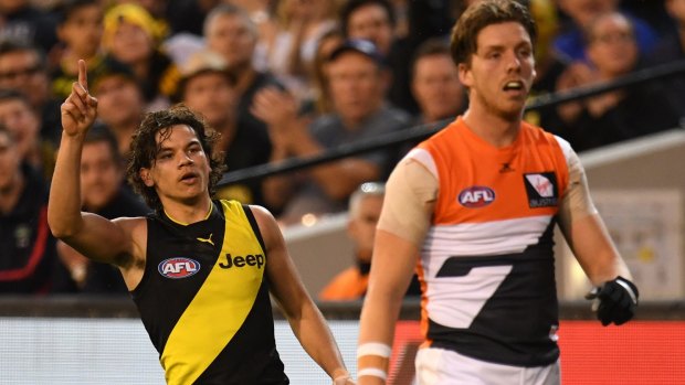 One direction: Daniel Rioli reacts after kicking another goal.