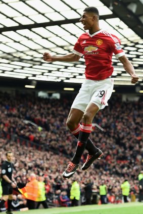 Marcus Rashford celebrates scoring the first of two goals for United on Sunday.