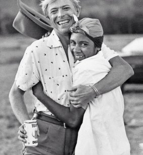 Aboriginal dancer Joelene King with David Bowie while filming Let's Dance.