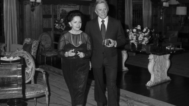Lady Mary Fairfax and Kirk Douglas at a party given by the Fairfaxes for Kirk Douglas at Fairwater in Sydney on 16 September 1980.
