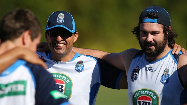 Blues brothers: Aaron Woods (right) and Blues coach Laurie Daley in camp at Coffs Harbour this week.