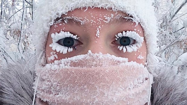 Anastasia Gruzdeva poses for a selfie as the temperature dropped to about -50 degrees in Yakutsk, Russia. 