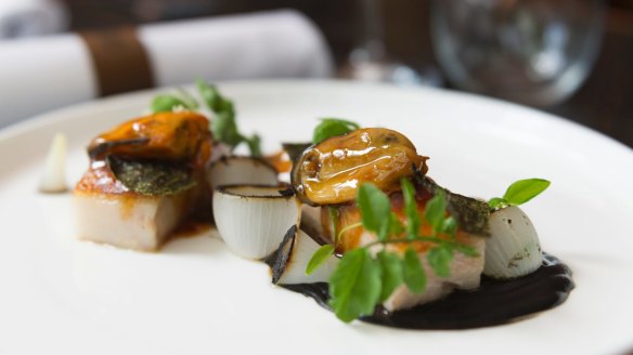 Pork jowl, burnt eggplant puree, smoked mussels and nori.