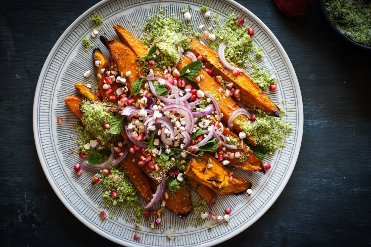 Sweet potato chaat with coconut, mint and lime sambal recipe. 