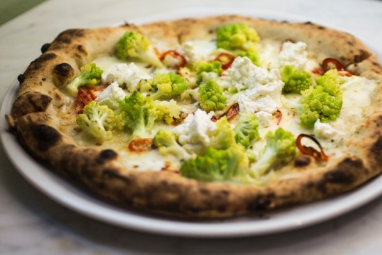 Romanesco, chilli and ricotta pizza.