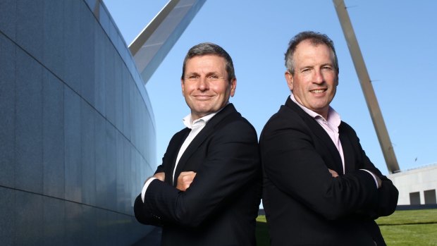 Chris Uhlmann L and Steve Lewis R at Parliament House in Canberra on Thursday 5 May 2016. Photo: Andrew Meares for Good Weekend