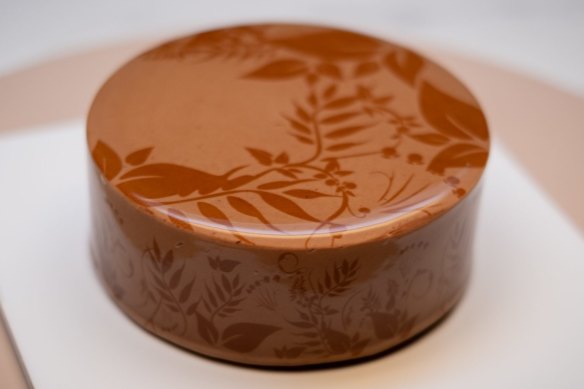 Kirsten Tibballs' Exotique mousse cake with a screen-printed design.