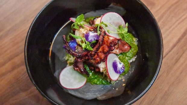 Barbecued octopus with salsa verde.