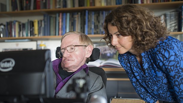 Professor Stephen Hawking with Intel principal engineer Lama Nachman.