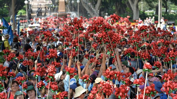 Thousands of children paraded through the city in the Gurung Parade to launch Corroboree Sydney in 2014.