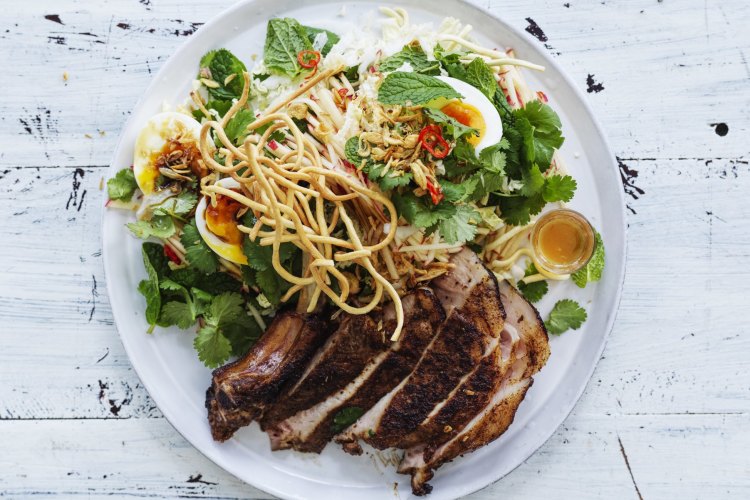 Five-spice pork chops with wombok and pickled apple slaw