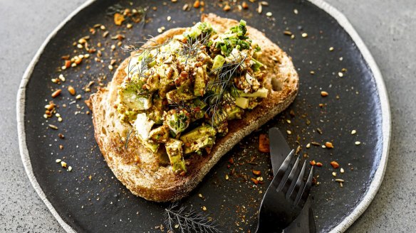 Warmly spiced avo toast with dukkah and ras el hanout.