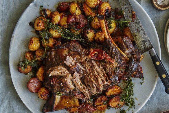 Mediterranean-inspired braised lamb shoulder with potatoes.