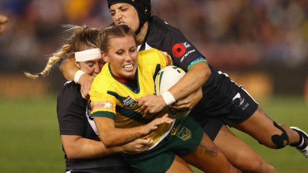 Women's Test: Samantha Bremner of the Jillaroos is tackled duringa match between Australia and New Zealand.