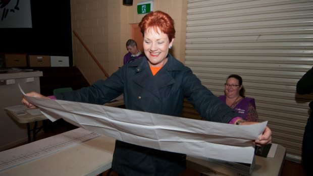 Pauline Hanson votes at Jamboree State School on Saturday.