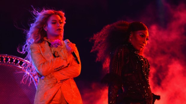Beyonce and tennis player Serena Williams perform on stage during closing night of The Formation World Tour on October 7, 2016, in New Jersey.