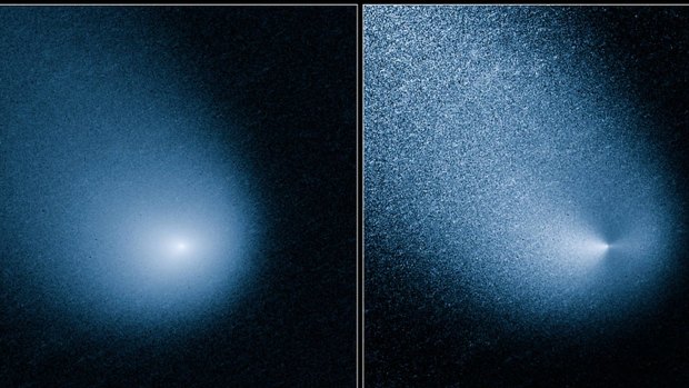 Siding Spring, before (left) and after filtering as captured by Wide Field Camera 3 on NASA's Hubble Space Telescope. 