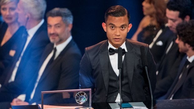 Faiz Subri collects his FIFA Puskas Award in Zurich.