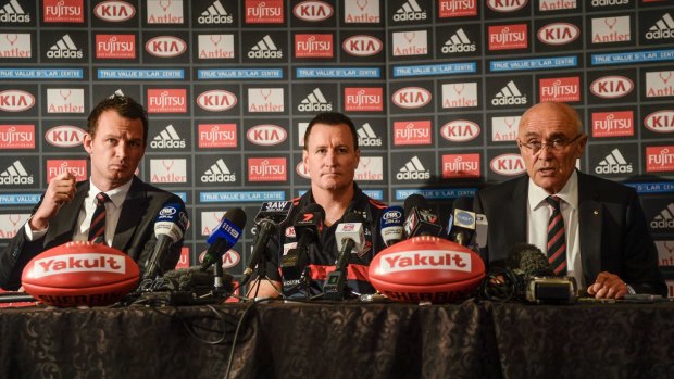 New Bombers coach John Worsfold at Monday's press conference with CEO Xavier Campbell and chairman Paul Little.
