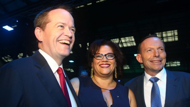 Opposition Leader Bill Shorten, Recognise campaign director Tanya Hosch, with former prime minister Tony Abbott in December 2014. 