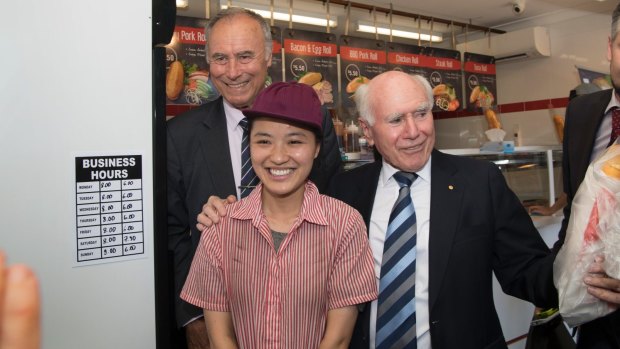 On the campaign trail for the seat of Bennelong, John Alexander with John Howard at the Eastword shops. 