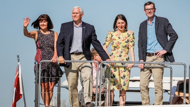 US vice president Mike Pence (second from left) with his wife, Karen (left), and the NSW premier Gladys Berejiklian (second from right) and Treasurer Dominic Perrottet (right).