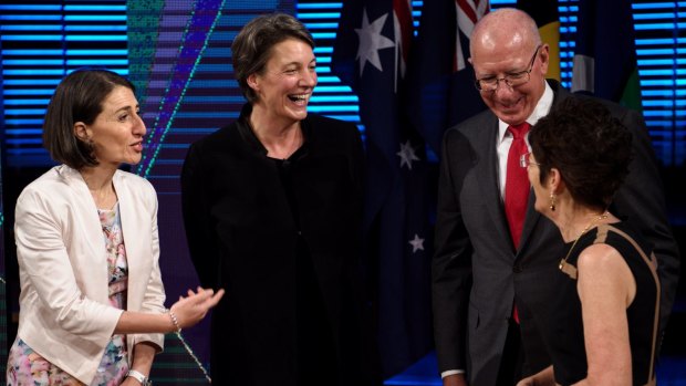 NSW Premier Gladys Berejiklian speaks with Professor Michelle Simmons, Governor David Hurley and his wife Linda after the 2017 Australia Day Address.