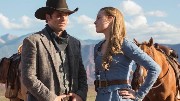 James Marsden and Evan Rachel Wood in <i>Westworld</i>.