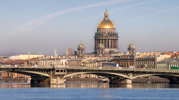 The Neva River with Isaakievskiy Cathedral in St Petersburg.
