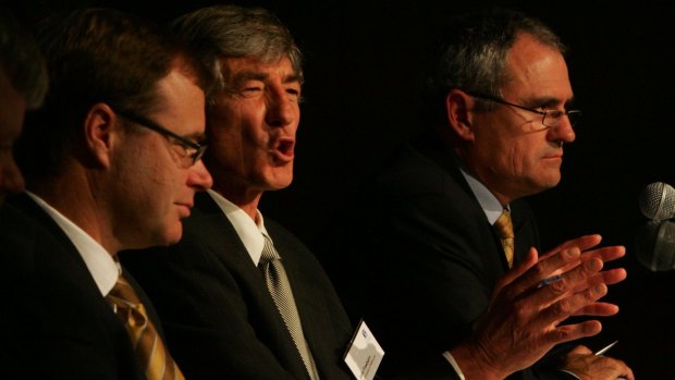 Professor John Freebairn, second from right, with Dr Ken Henry, far right, during the Henry Tax Review in 2005. 