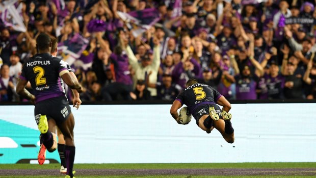 Exclamation point: Josh Addo-Carr flies over the line to score.