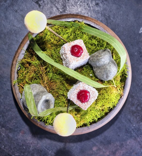 Petits fours including eucalyptus ice-cream 'gumnuts'.