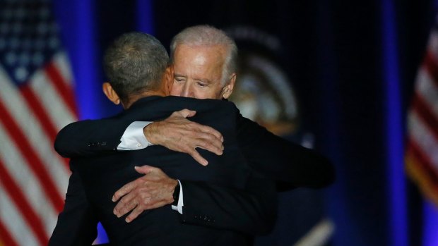 President Barack Obama hugs Vice-President Joe Biden after giving his presidential farewell address.