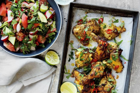 Chilli-glazed chicken served with watermelon, spelt and radish salad. 