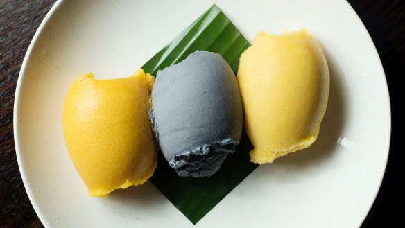 Three sorbets - charcoal coconut, mango lychee and yuzu passionfruit.